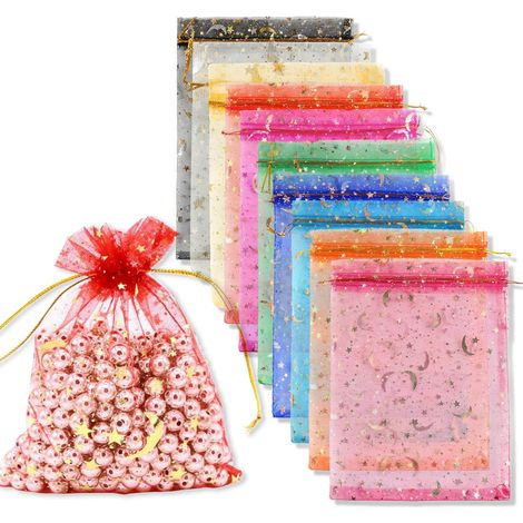 100 Organzasäckchen, Organza-Geschenksäckchen 7 x 9 cm, Organzasäckchen mit Mond- und Sternenmuster in verschiedenen Farben (1/5)