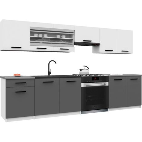 Belini ITALIA 4 Cuisine Equipée Modulaire Complète - 260 cm. Meubles Hauts Bas avec Plan de Travail, Blanc Mat/Gris (1/5)
