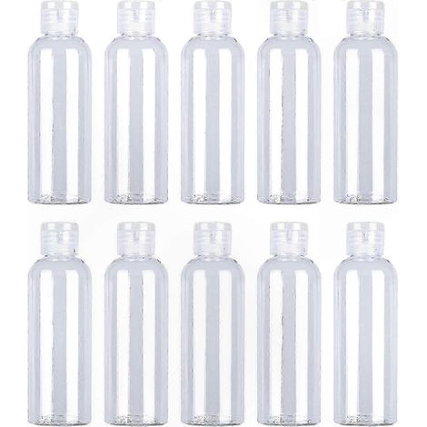 100-ml-Reiseflaschen aus transparentem Kunststoff mit Klappverschluss und Etiketten, 10er-Packung für Kosmetik oder Reisen (1/5)