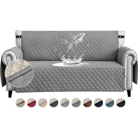 1 Housse de canapé imperméable 4 places, antidérapante avec poches latérales pour animaux chiens chats, gris pâle (1/5)