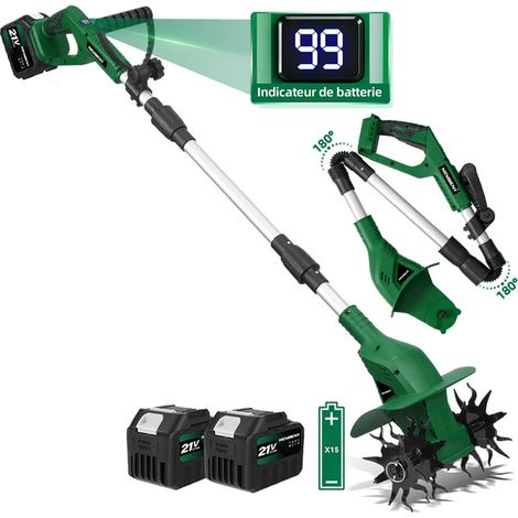 Motobineuse électrique pliable, (Profondeur de travail : 15 cm, largeur : 20 cm,4 lames acier,écran LED )Avec deux batteries de 4500 mAh (1/5)