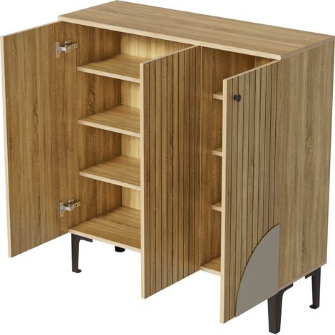 Meuble à chaussures moderne 90x32x94 cm en imitation bois clair avec 3 portes et cadre noir (1/5)