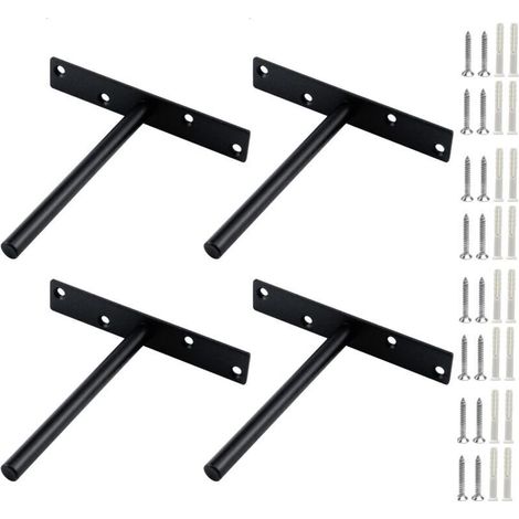 4 ensembles Support Étagère Invisible T Forme Équerres Fixation Murale Robustes pour Meuble Bibliothèque Cuisine Charge Lourde Acier Noir Durable