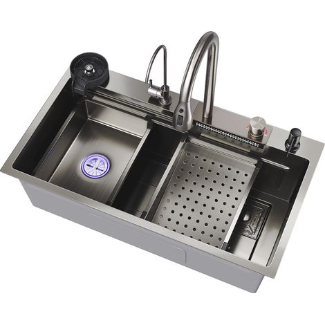 Sirhona – Évier de cuisine 1 bac en acier inoxydable 304 – Sortie d'eau cascade – Robinet extractible 360° – Dimensions 80x45x23 cm