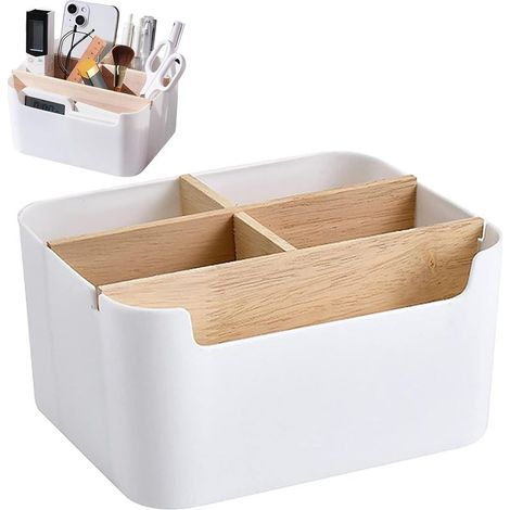 Panier de rangement amovible en bois de bambou pour cosmétiques, table basse de salon, boîte de rangement en bois et plastique pour bureau (1/5)