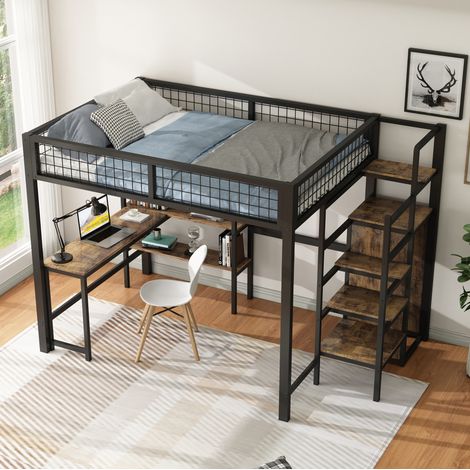 Hochbett modern 140x200 cm, Metall und MDF, schwarz/braun, mit Schreibtisch, Regalen, Kleiderschrank und Lattenrost (1/5)