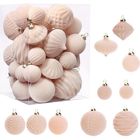 Ej.Life 35 Stück Weihnachtsdekorationen Boutique Beflockung Weihnachtskugel-Set Geschenkbox Weihnachtsbaumanhänger (Beige) (1/4)