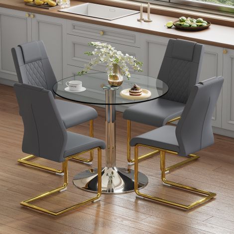 Ensemble table et chaises de salle à manger : Table de salle à manger moderne et minimaliste en verre de sécurité d’un diamètre de 85 cm, associée à 4 chaises de salle à manger avec pieds en métal dor (1/5)