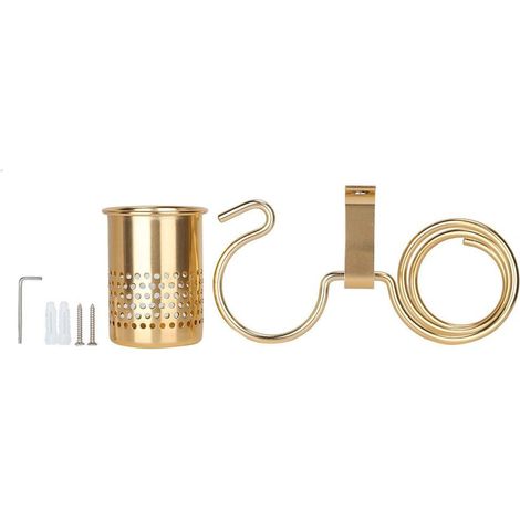 1 Support Sèche-cheveux, Aluminium spatial, Crochet double, Seau perforé, Salle de bain (1/5)