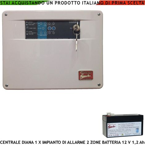Centrale Diana Antifurto 2 Zone Batteria 12 V 1,2 Ah per Impianto di Allarme Filo. 2 Chiavi Meccaniche Gestisce Sensori Ingresso Per Comando Remoto o Telegestione Uscita Sirene Combinatore Dissuasori (1/4)