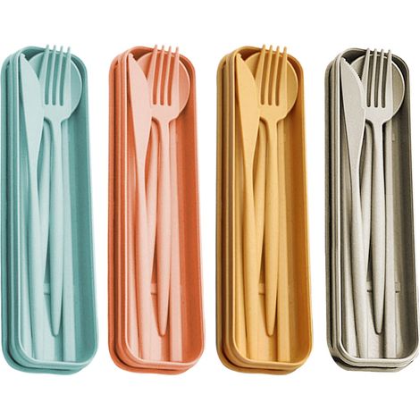 Couverts En Paille De Blé - 4 Sets Reutilisables Avec Etui De Transport - Pour Pique-Niques Voyage Bureau École Camping (1/5)