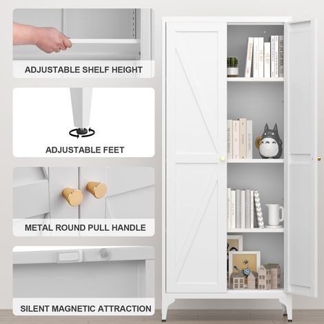 Armoire métallique 2 portes, placard de cuisine avec étagères réglables, meuble de rangement haut en acier blanc pour salon, salle à manger, bureau (1/5)