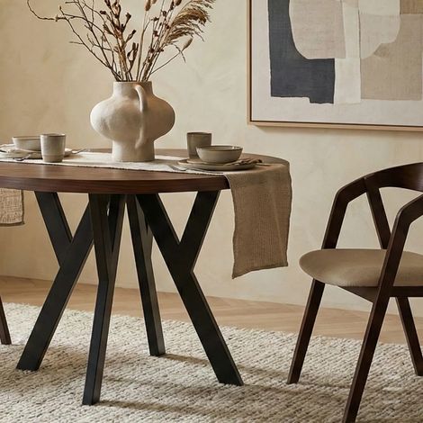 Table de salle à manger ronde extensible PERO avec cerclage métallique, style loft, scandinave, diamètre : 100 / 150 cm, couleur : Lancelot / noir (1/5)