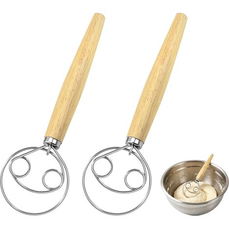 2 Pièces Fouet Danois pour Pain 25 cm, Fouet Manuel pour Pâte Acier Inoxydable, Double Trou Batteur Manuel, Batteurs de Pâte à Danois avec Manche en Bois, pour Farine, Dorure Œufs, Vinaigrette (1/5)