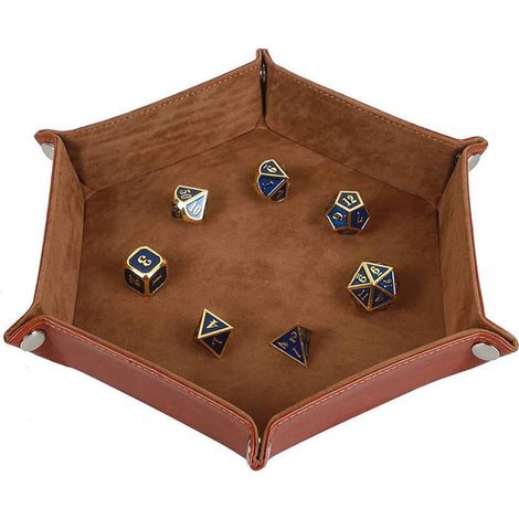 Velvet Hexagonal Dice Tray, Folding Hexagonal Dice Tray, Leather Storage Box, Double-Sided Tray, Double-Sided Desktop Storage Box, Brown Dice Throne (1/5)