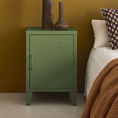 Table de chevet en acier kaki. 1 porte. casier. chambre enfant