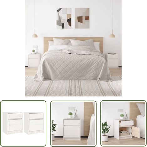 The Living Store Nachtschränke 2 Stk. Weiß 40x31x50 cm Massivholz Kiefer - Massiver Holzmöbel - Kiefernholzmöbel - Weißes Schlafzimmer - Nachttisch Set - Wohnzimmer Dekoration (1/5)