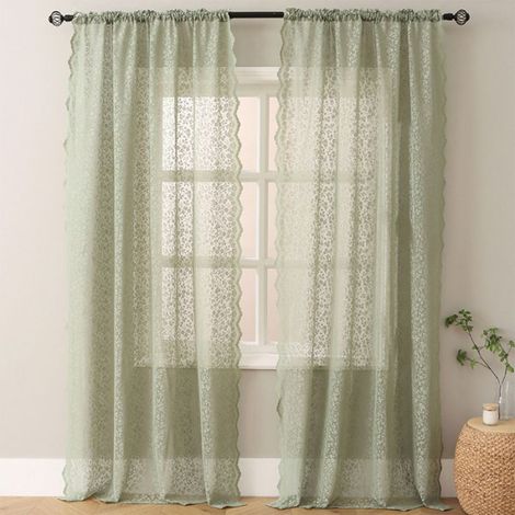 1 Paire Rideau Voile Dentelle Broderie Florale Vert Sauge 130x214cm Salon Chambre (1/4)