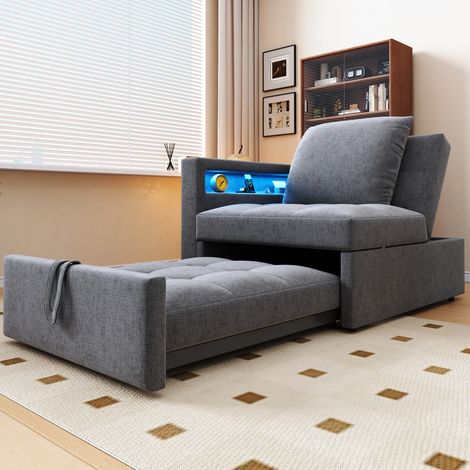 Canapé convertible 3 en 1, housse en lin, dossier ajustable, accoudoirs avec éclairage LED et chargeurs USB-C, inclinable, parfait pour studio et petit salon. (1/5)