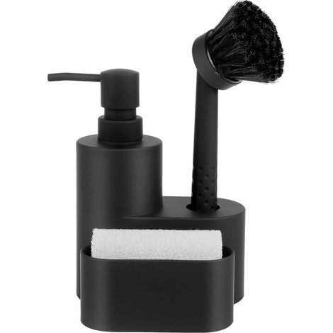 Organiseur d’évier 3 en 1 – Porte-éponge avec distributeur de liquide vaisselle et brosse – Plateau d’égouttage et porte-chiffon – Rangement pour évier de cuisine – Noir (1/5)