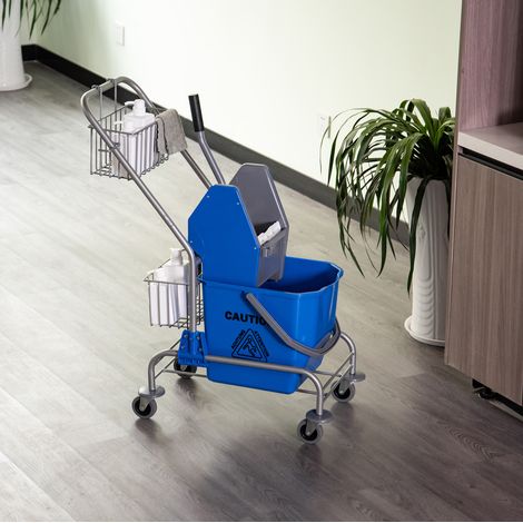 Chariot de nettoyage professionnel avec seau 26 L, presse-mop intégrée, 2 paniers, roulettes et poignée métal, bleu, 73 x 45 x 95 cm – CHICFURN (1/5)