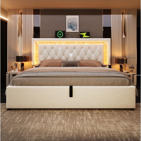 Letto matrimoniale moderno 180x200 cm in velluto beige con testiera LED regolabile, USB/USB-C, contenitore idraulico e rete a doghe (1/5)