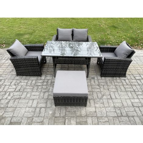 Fimous PE Wicker Outdoor Garden Furniture Set Patio Furniture Rattan Rectangular Dining Table Lounge Sofa with Big Footstool (1/5)