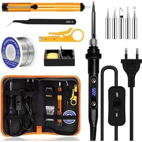 Fer à Souder Set, Electronique De Precision Kit 80W Température Réglable 180-520°C Fer A Souder avec interrupteur ON/OFF, 5 Conseils de soudage, Pompe à Dessouder, Support, Pincettes (1/4)