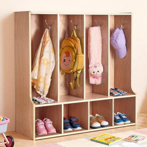 Vestiaire enfants ouvert, meuble de rangement manteaux et chaussures, 4 sections 8 patères bois, pour crèche et maternelle (1/5)