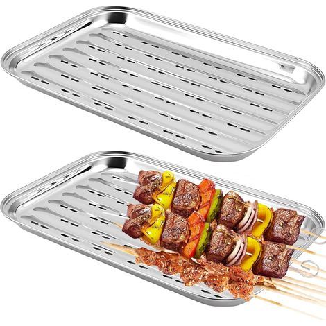 34,5 x 24,2 x 2,7 cm Lot de 2 bacs à barbecue en acier inoxydable - Accessoire d'extérieur pour légumes, poissons ou viandes - Pour barbecue à gaz (1/5)