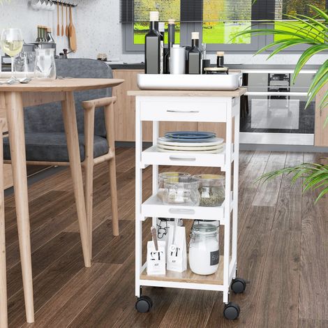 Carrello da cucina con ruote, 2 vassoi estraibili, cassetto, ripiano, in legno di rovere chiaro e pino bianco. (1/5)