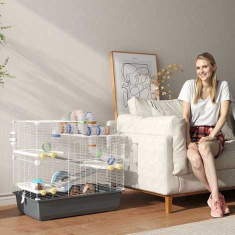 Cage à hamster nain 78x45x73 cm en métal gris, 4 niveaux, design moderne FloraGrace (1/5)