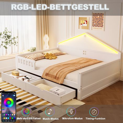 Lit junior 140x200 cm avec tête de lit lumineuse, tiroirs de rangement, sommier à lattes, cadre de lit simple, blanc, pour chambre d'enfant (1/5)