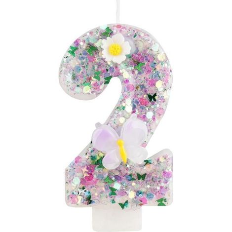 Bougie Anniversaire - Multicolore - 2 Ans - Décoration Gâteau - Fille - 3D Papillon Fleurs (1/4)