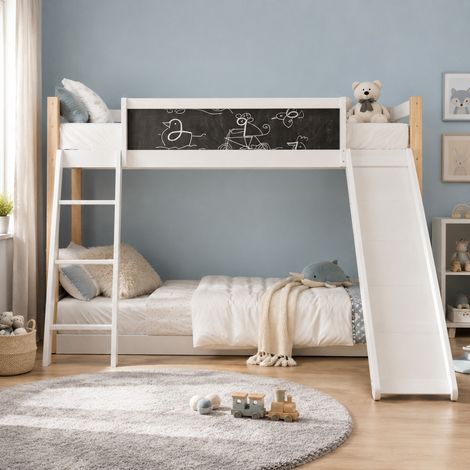 Etagenbett Kinder 90x200 cm Weiß aus Holz mit Rutsche und Treppe (1/5)