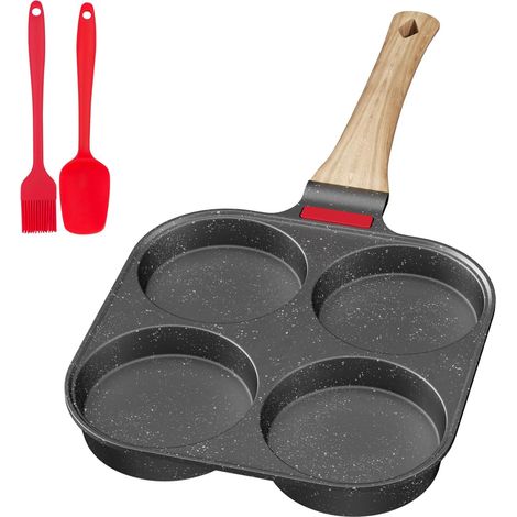 Sartén para panqueques, sartén para panqueques y tortillas de 4 rejillas con mango extraíble, para desayuno con huevos fritos, compatible con gas e inducción, gris, aluminio antiadherente