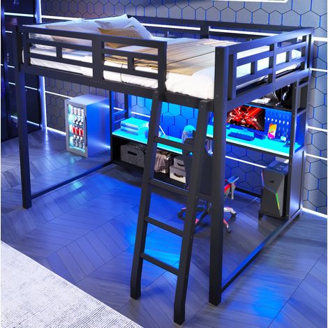 Hochbett 140x200 cm Schwarz aus MDF und Metall mit Schreibtisch, LED-Beleuchtung und Regalen (1/5)