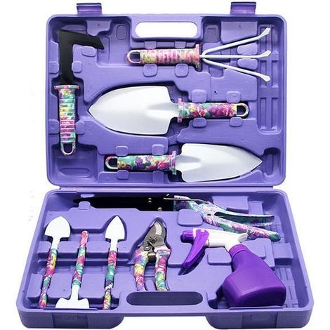 Set di 10 attrezzi da giardino con stampa floreale viola e impugnatura ergonomica. (1/3)