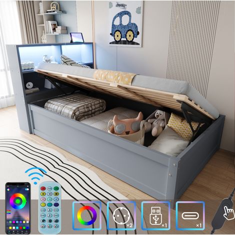 MEUBLIV Lit 90x200 cm gris – tête de lit, rangements, LED, avec prise, sans matelas (1/5)