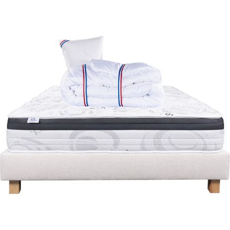 Ensemble Matelas Sleeplux, 26 cm, mousses haute densité, ferme, face été/hiver + sommier beige ep20cm + oreiller + couette, 90x190cm (1/5)