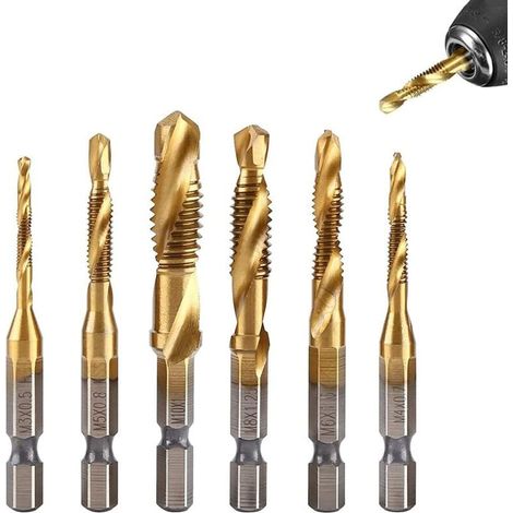 Lot de 6 Tarauds Filetés, Foret Taraud Filetage Métrique M3-M10 avec Revêtement en Titane HSS et Embouts de Taraudage 1/4" Queue Hexagonale Cannelée pour Tarauder Différents Fils (1/4)