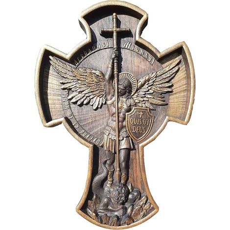 Beyamis Pendentif en relief Croix de Saint Michel, ornement mural ange en résine effet bois, marron (1/5)