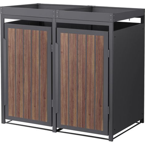 ML-Design Copribidone per Spazzatura 2 Bidoni 240L 132x80x124 cm in Acciaio Antracite Effetto Rovere Scuro con Tetto a Fioriera, Resistente alle Intemperie, Deposito per Bidoni di Rifiuti, Box Bidoni (1/5)