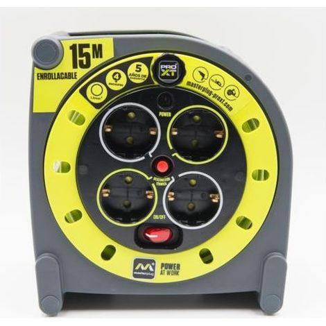 Masterplug Pro-XT Avvolgicavo 15 metri, 4 Prese EU Schuko, Prolunga Elettrica 16A, Protezione Termica, Cavo Alta Visibilità