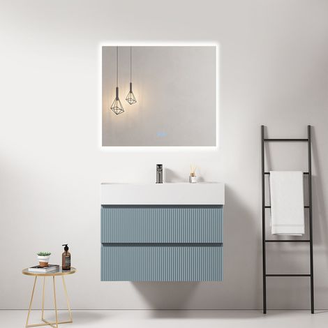 Mobile bagno sospeso cannettato 80 cm Blu Avio Lavabo in Resina Specchio Quadro Retroilluminato - Fiji Paint (1/4)