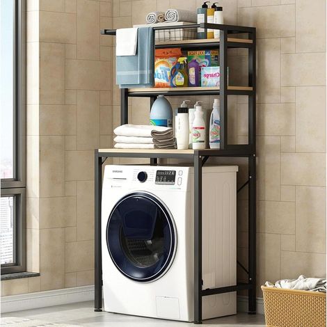 Étagère pour machine à laver, WC à 3 niveaux, en métal, en bois, gain de place, couleur: noir (1/5)