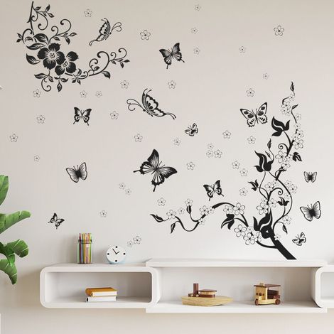 Adesivi murali con rami d'albero neri, farfalle e fiori, adesivi decorativi per bagno, soggiorno, cameretta dei bambini, cameretta dei neonati