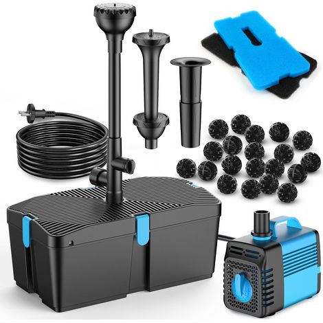 Pompe de bassin avec filtre et kit fontaine, 60W 3100L/H, filtre pour bassins extérieurs, propre pour koï (1/5)