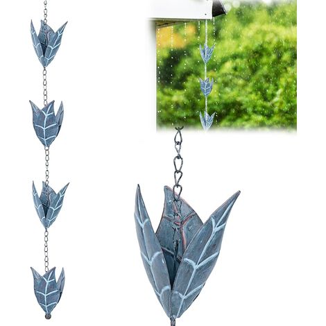 Cadena de lluvia de 2,6 m, cadena de lluvia para canalones, cadena de drenaje, cadenas de lluvia de hierro con forma de hoja azul, decoración para patios y hogares (1/4)