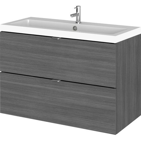 Hudson Reed Fusion Wall Hung 2-Drawer Vanity Unit with Ceramic Basin 820mm Wide - Anthracite Woodgrain (1/5)